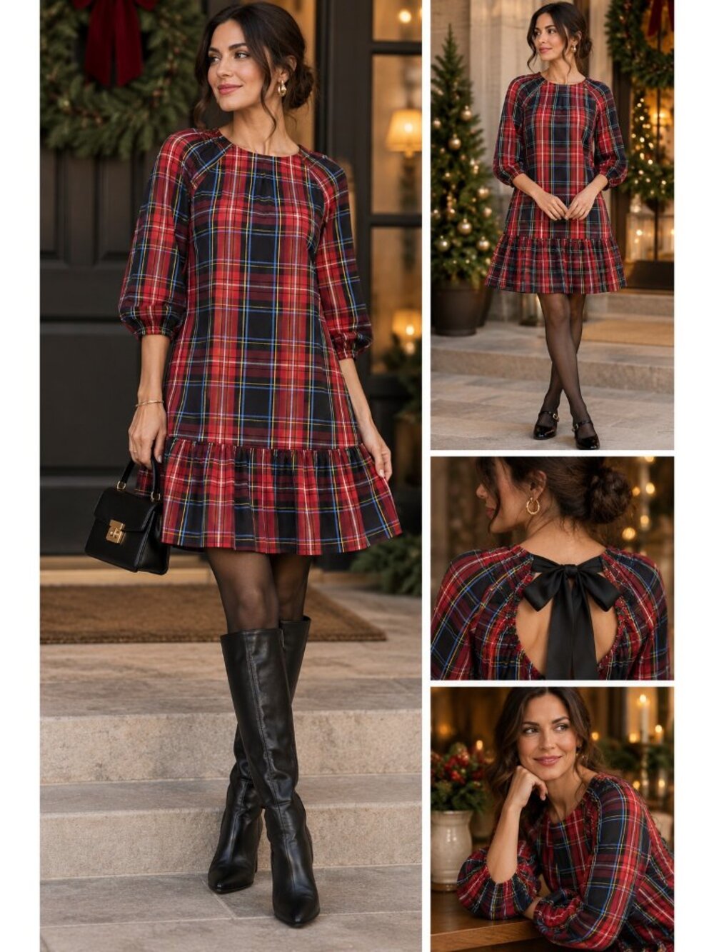 Draper James RSVP L Preppy Coquette Tartan Bow Back Holiday Mini Dress Romantic